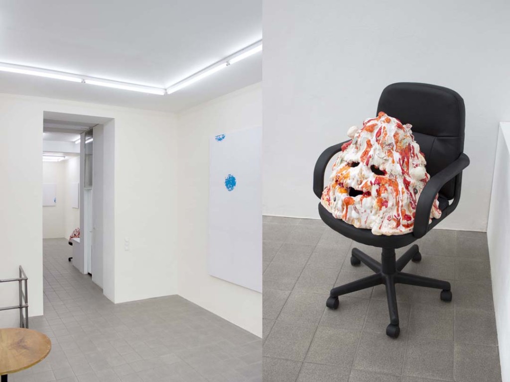 View (right) of Marco Bruzzone's "Set Membership" and Sending Out For You (2014) (left) at Gillmeier Rech, Berlin