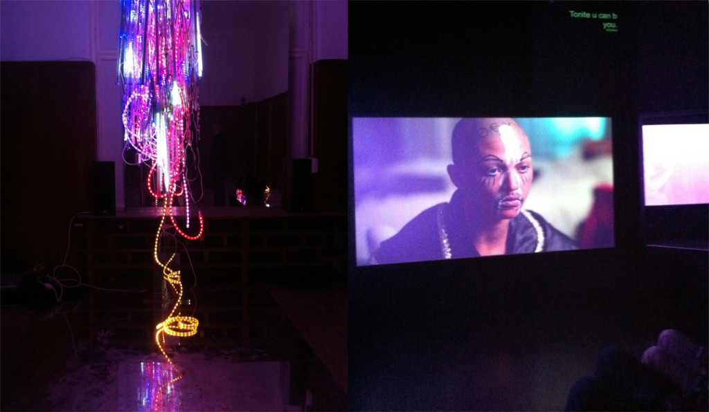 Installation view (right) from Wu Tsang's "A day in the life of bliss" and video still at Isabella Bortolozzi, Berlin