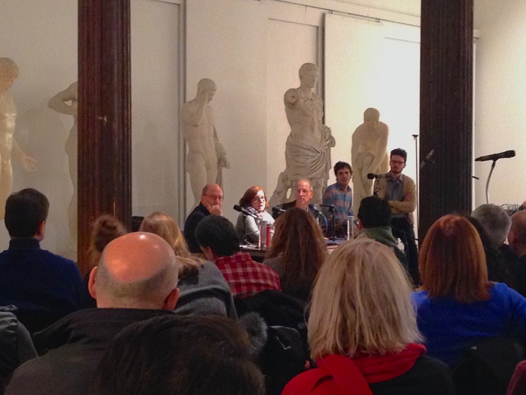 Jerry Saltz, Roberta Smith and host Randy Cohen for the taping of Person, Place, or Thing Podcast at NYAA, NY, 2014