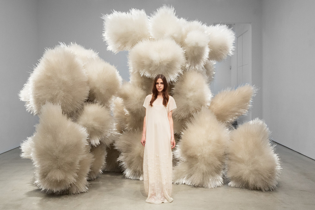 Paridust standing in an installation by Tara Donovan at Pace Gallery, New York, wearing The Row Photographs by Tylor Hou, 2014