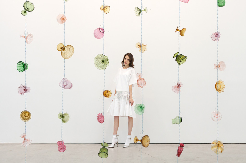 Paridust in front of the work of Tony Feher at Sikkema Jenkins & Co., New York, wearing Suno. Photograph by Tylor Hou, 2014