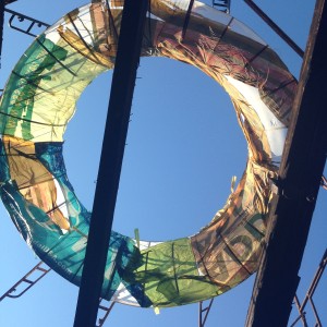 Installation view from Knockdown Center, looking skyward, iPhone photograph by Katy Hamer, 2014