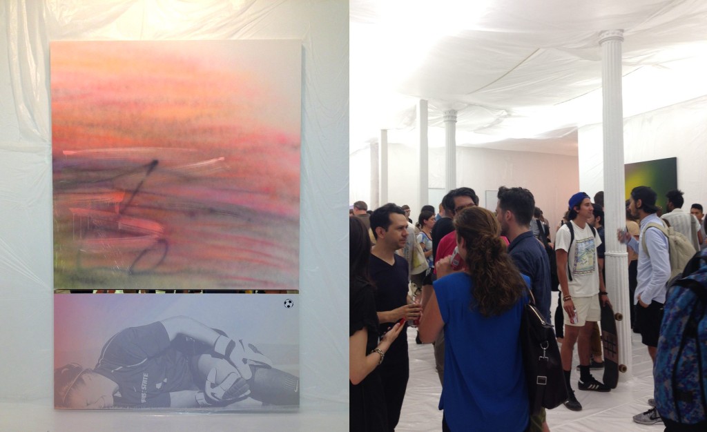 Left: Painting by Wendy White, 2014 Right: Gallery view, opening night, The Hole, NY, iPhone photographs by Katy Hamer, 2014