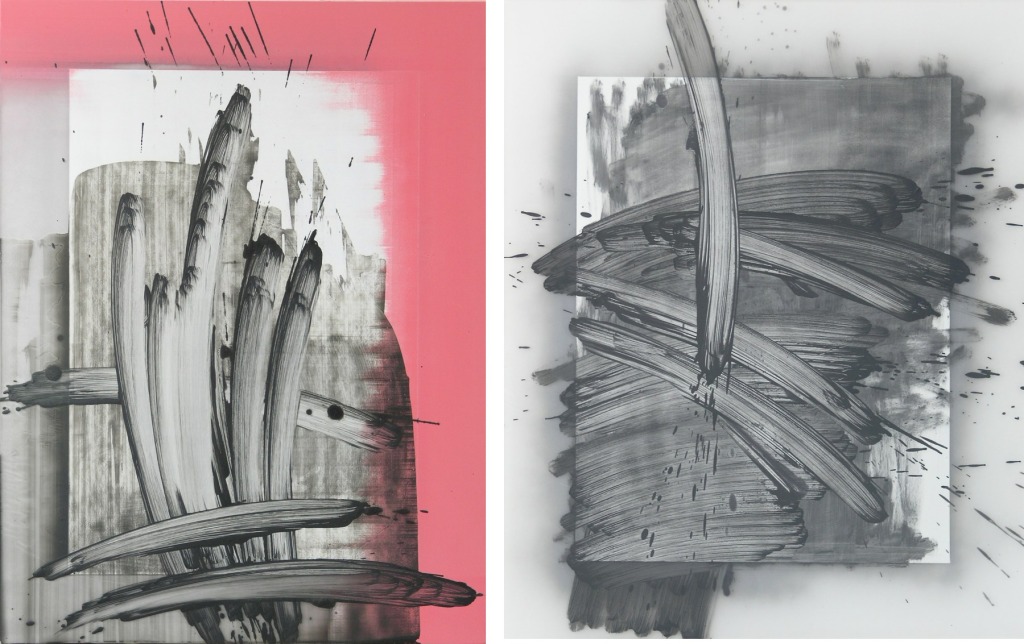 Todd Schroeder, PGRP25, (left), Oil spray paint on Plexisglass, 2014, PGRP16, (right), Oil spray paint on Plexiglass, 2014, Both images courtesy of the artist