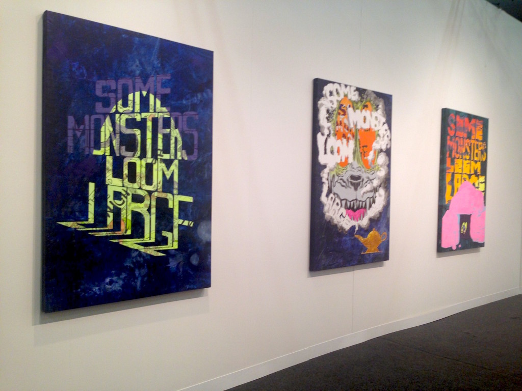 Mark Gibson, (Left to Right) Searchlight, Bad Dream Genie, and Cowering Calamity, all 2015 Acrylic on canvas, Fredericks & Freiser Gallery, New York, Photograph by Katy Hamer, The Armory Show, 2015 