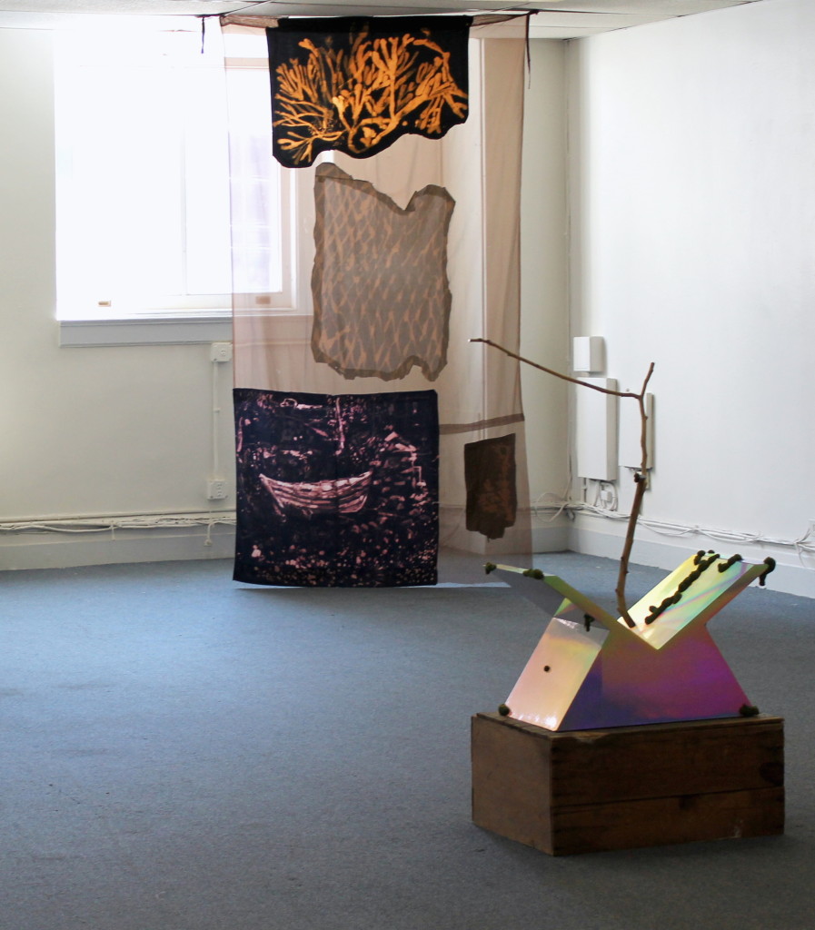 Lauren Luloff, (background) "John's Dory with Seaweed", bleached bedsheets and fabric, 9 x 4', 2012, David Shaw (foreground) David Shaw, "Vast", Wood, holographic laminate, epoxy, flocking   40.75” x 28.25” x 13.75”, Apples Turn to Water, Curated by Kari Adelaide and Max Razdow, SPRING/BREAK, 2015