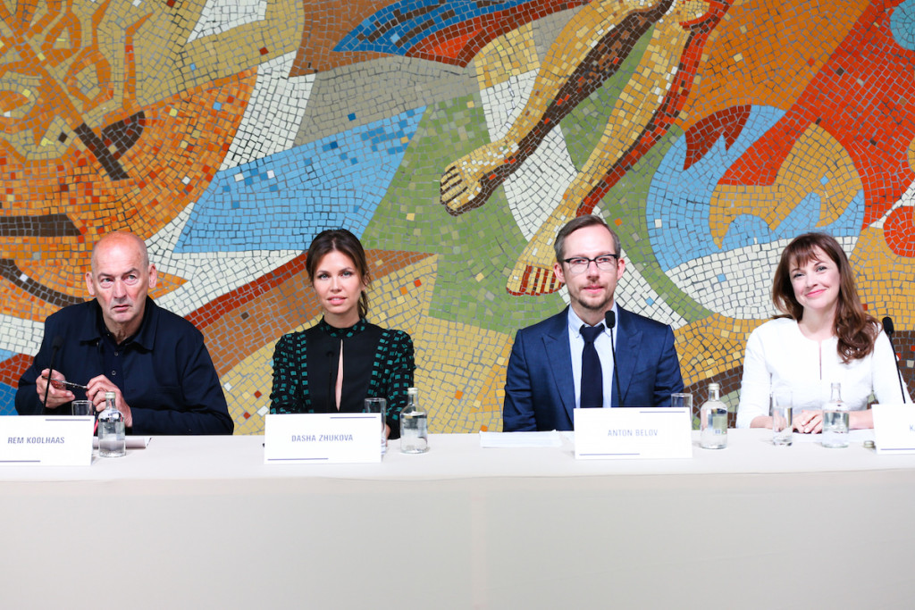 Rem Koolhaas, Dasha Zhukova, Anton Belov, Kate Fowle, Press Conference at the opening of the Garage Museum of Contemporary Art, Moscow