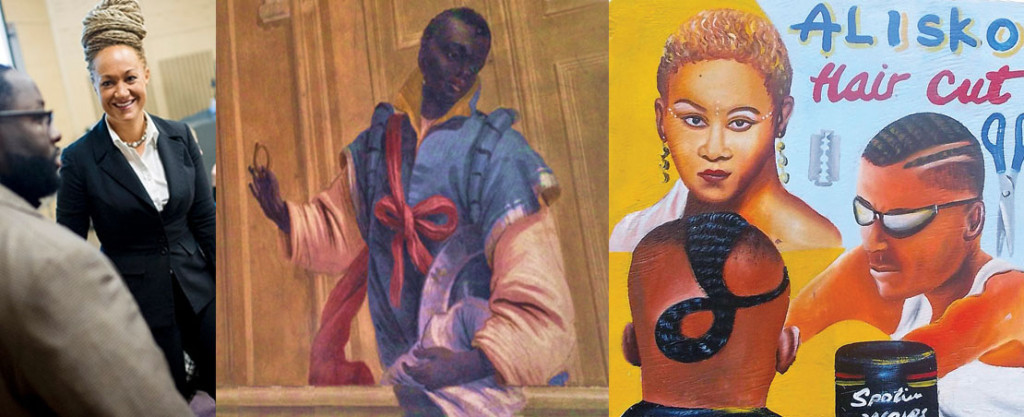 Rachel Dolezal, An image of blackness from the Italian Renaissance taken in Venice, Italy (2015), A Ghanain sign promoting hairstyles, Photomontage by Katy Hamer