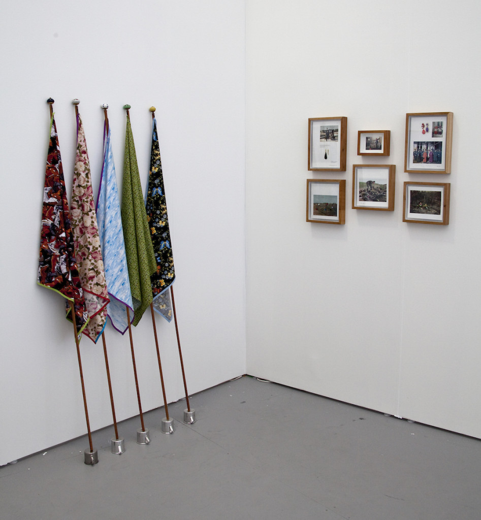 Central Galeria de Arte (São Paulo, Brazil) with Nino Cais Flags, 2013 Fabric, wood, ceramic knobs and metal cups Warfare, 2014 Book pages and jewels Installation view Untitled Miami, Photograph by Vanessa Albury