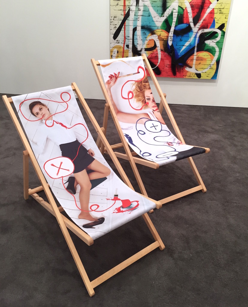 Johannes Beutulla, "Fatigue #1" & "Fatigue #2". Digital print on canvas with beach chair. 2015, Natalia Hug Gallery, Cologne, Installation view NADA Miami, Photograph Zebadiah Keneally, 2015