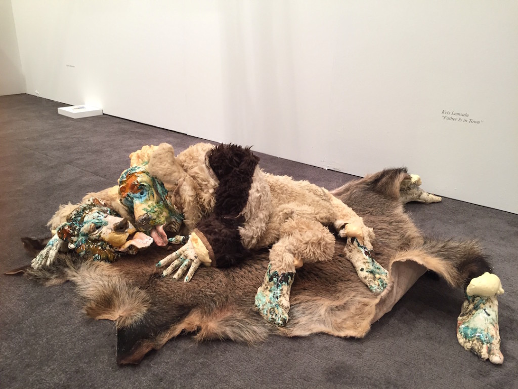 Kris Lemsalu "Father is Present", Ceramic, bearskin, synthetic fur, foam, 2014, Temnikova & Kasela Gallery, Tallinn, EE, Installation at NADA, Miami, Photograph by Zebadiah Keneally