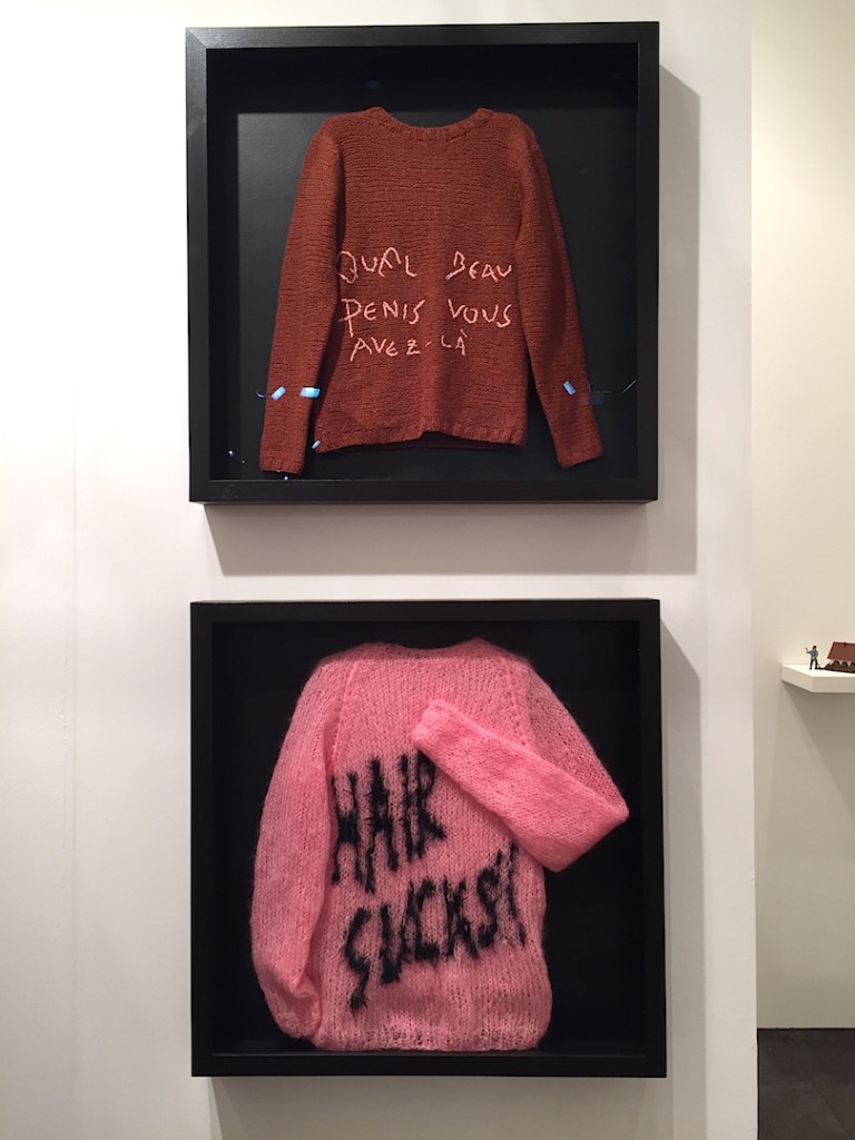 Jaanus Samma "This Hair Sucks Sweater Shop" Hand knitted mohair, silk 2015, Temnikova & Kasela Gallery, Tallinn, EE, Installation view at NADA, Miami, Photograph by Zebadiah Keneally