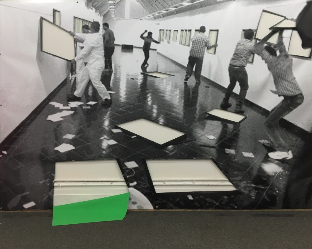 SPRINGBREAK 2016: Booth #4030 “Recursive States” Curated by Vince Contarino, Brian Balderston, Chad Stayrook + José Ruiz, Pictured: Sreshta Rit Premnath “To destroy is also to make visible,” (2016) Greenscreen Paint on UV Print on Vinyl