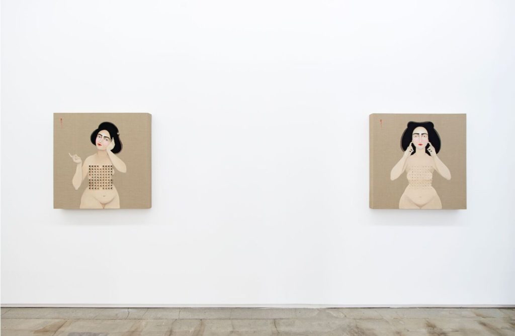 Hayv Kahraman, Installation view, Left: "Shield 2," (2016) right "Shield 3," (2016) Image courtesy of Jack Shainman Gallery, 2016.