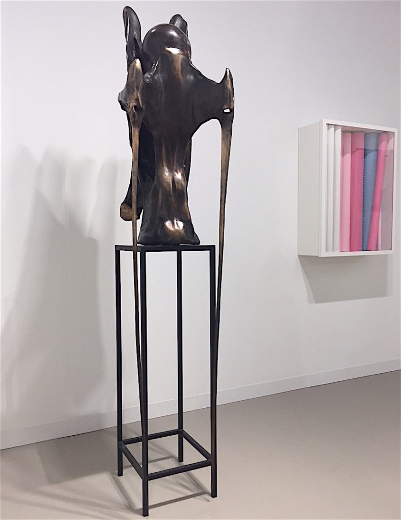 (Left) Alicja Kwade, "Urform III" 2016, Bronze, (Right) Andreas Schmitten, "Falsche Scham IV" 2016, Metal, polyurethane, fabric, lacquer, cardboard, König Galerie, Berlin, Art Basel Miami Beach, Photograph by Katy Hamer, 2016